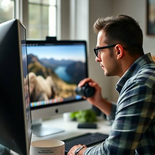 Photographe utilisant un logiciel de retouche d'images sur son ordinateur